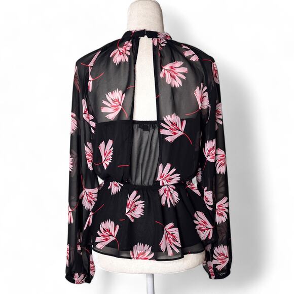 Express Long Sleeve Sheer Floral Pattern Peplum Blouse Black Pink Small - Picture 3 of 8